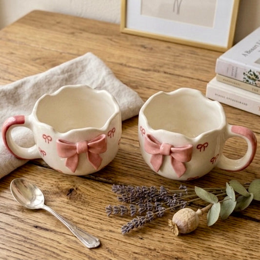 Uneven Pink Bow Mugs - Set of 2