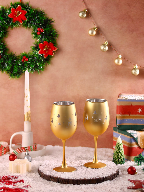 Golden Holiday Wine Glasses - Set of 2