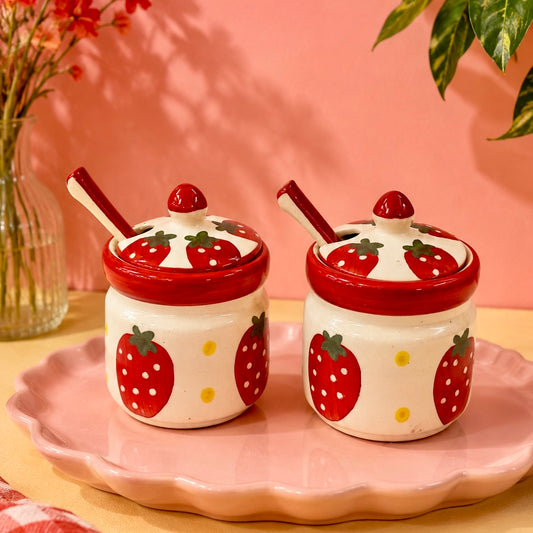 Strawberries and Daisies Jam or Pickle Jar with spoon - not airtight