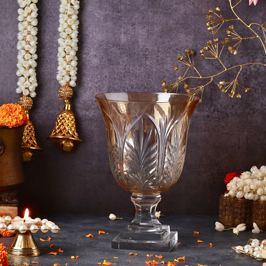 Crystal Cut Amber Glass Hurricane or Vase