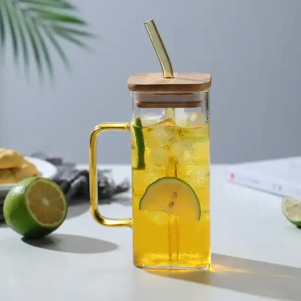 Sante Square Glass with Bamboo Lid and Glass Straw Yellow