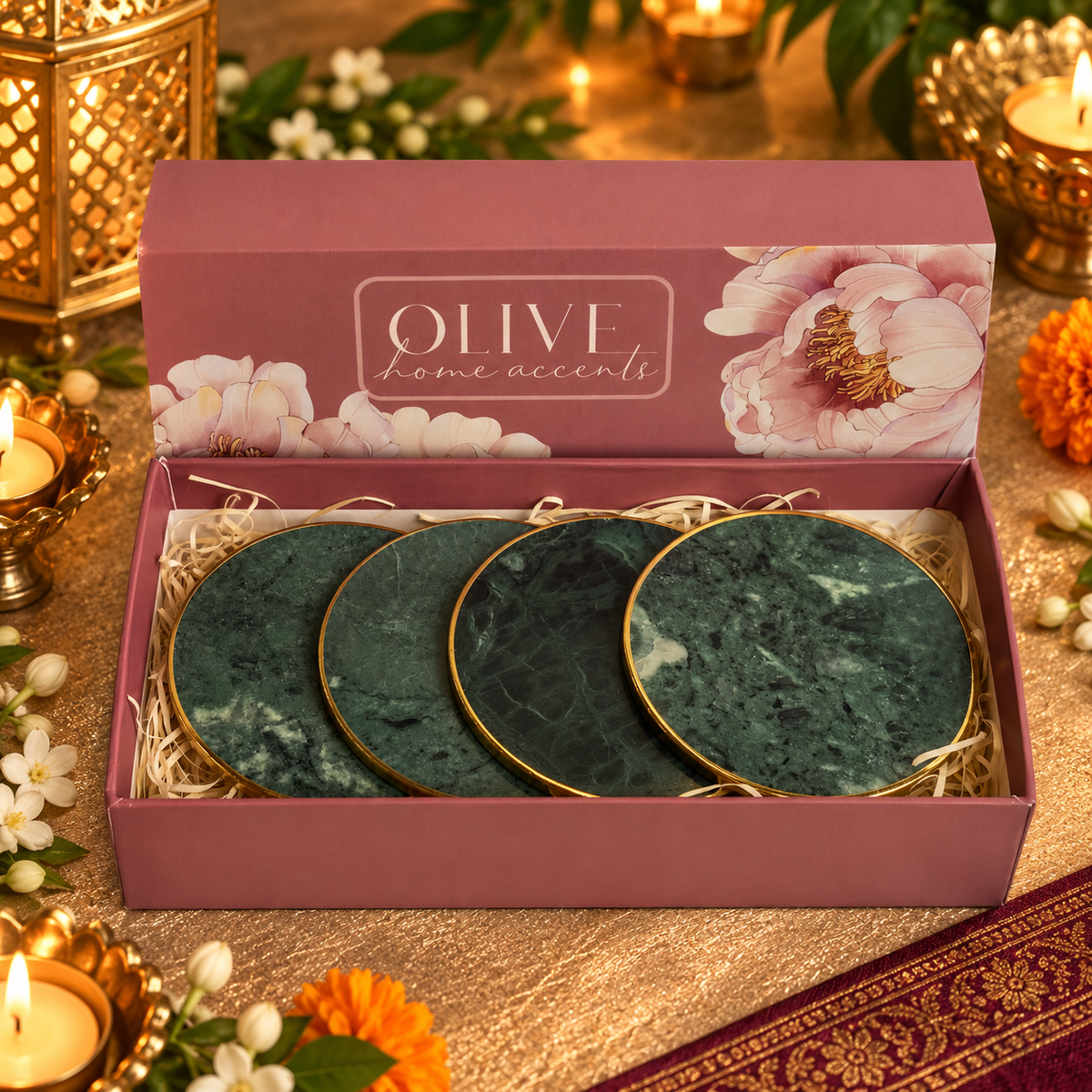Saanjh - Luxe Marble Coasters with Brass Rim