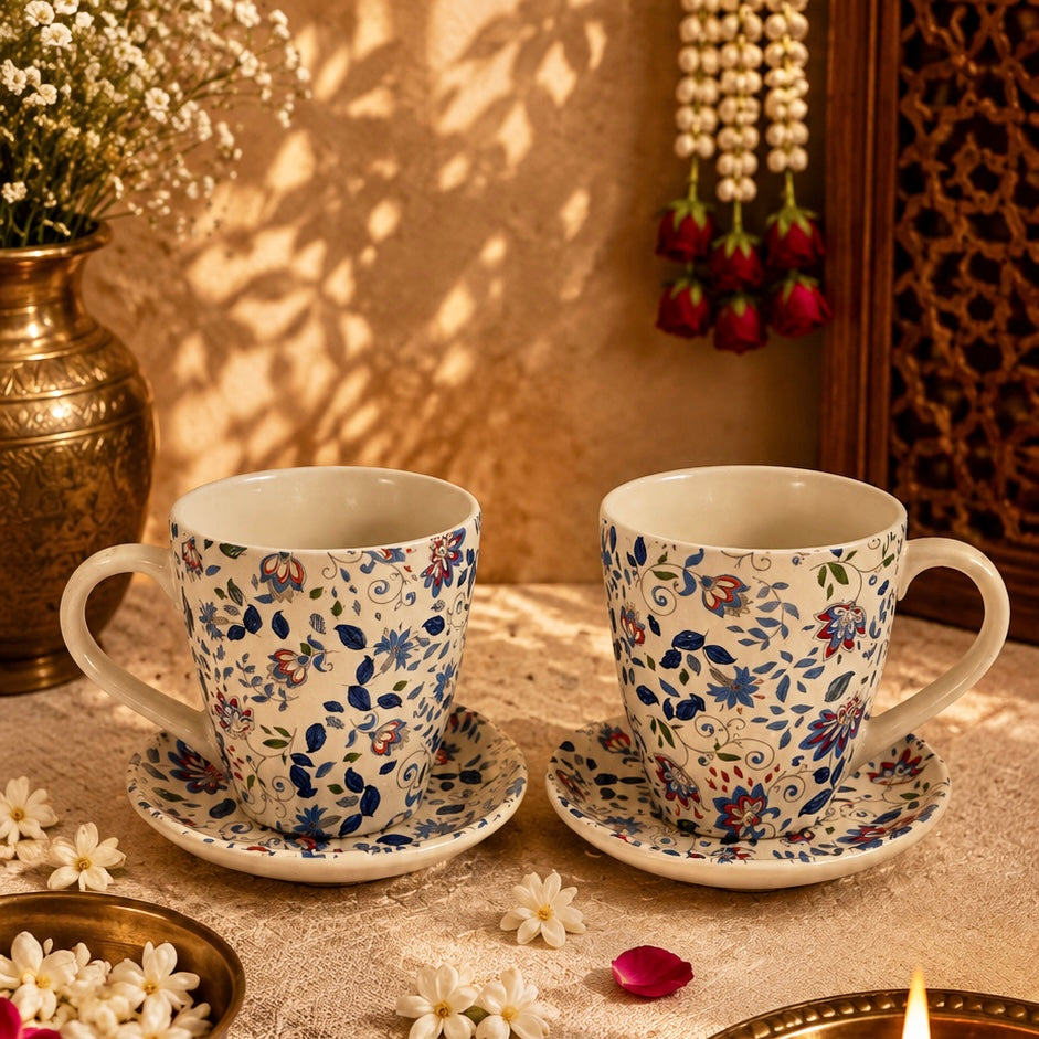 Vrindavan Mugs and Tea Plates Set - Pack of 4