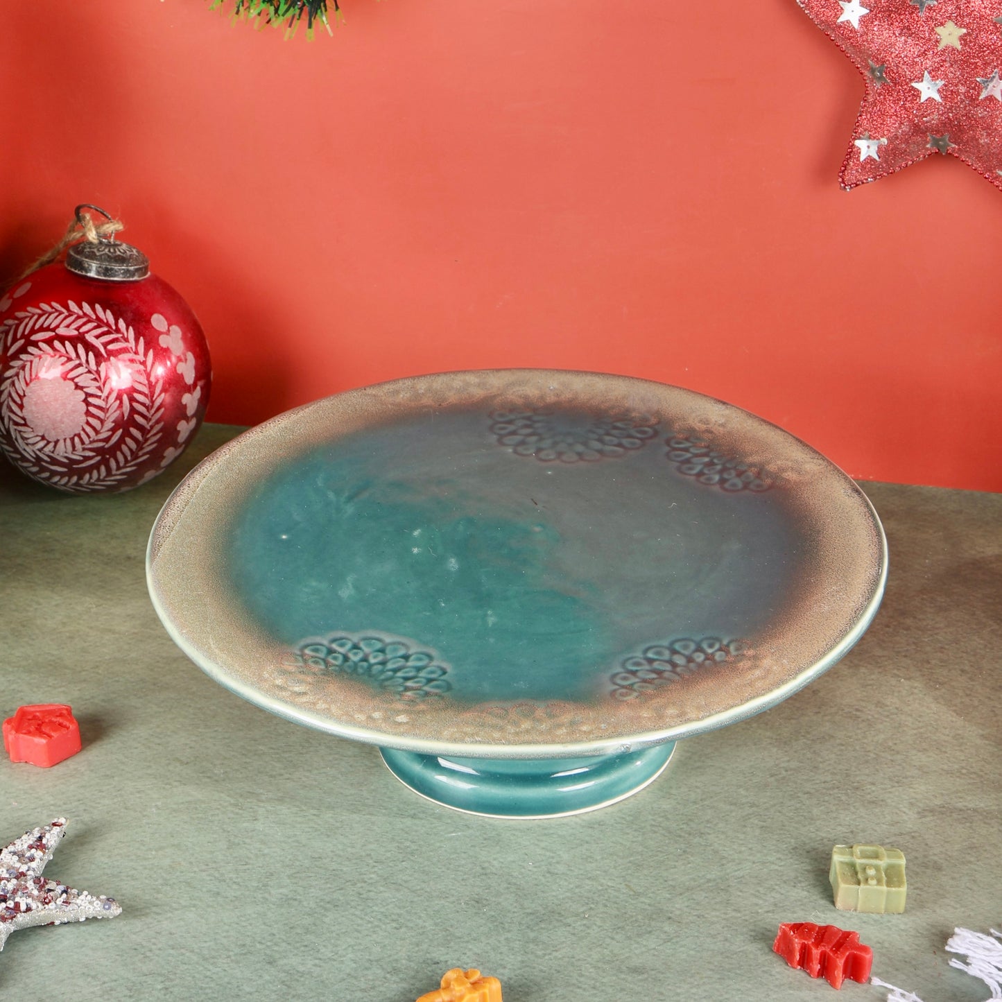 Vintage Embossed Studio Pottery Ceramic Cake Stand