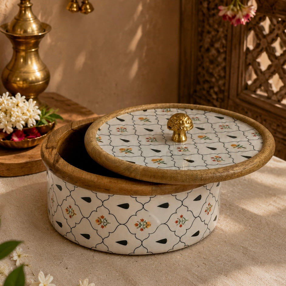 Large Handmade Wooden and Enamel Roti Box