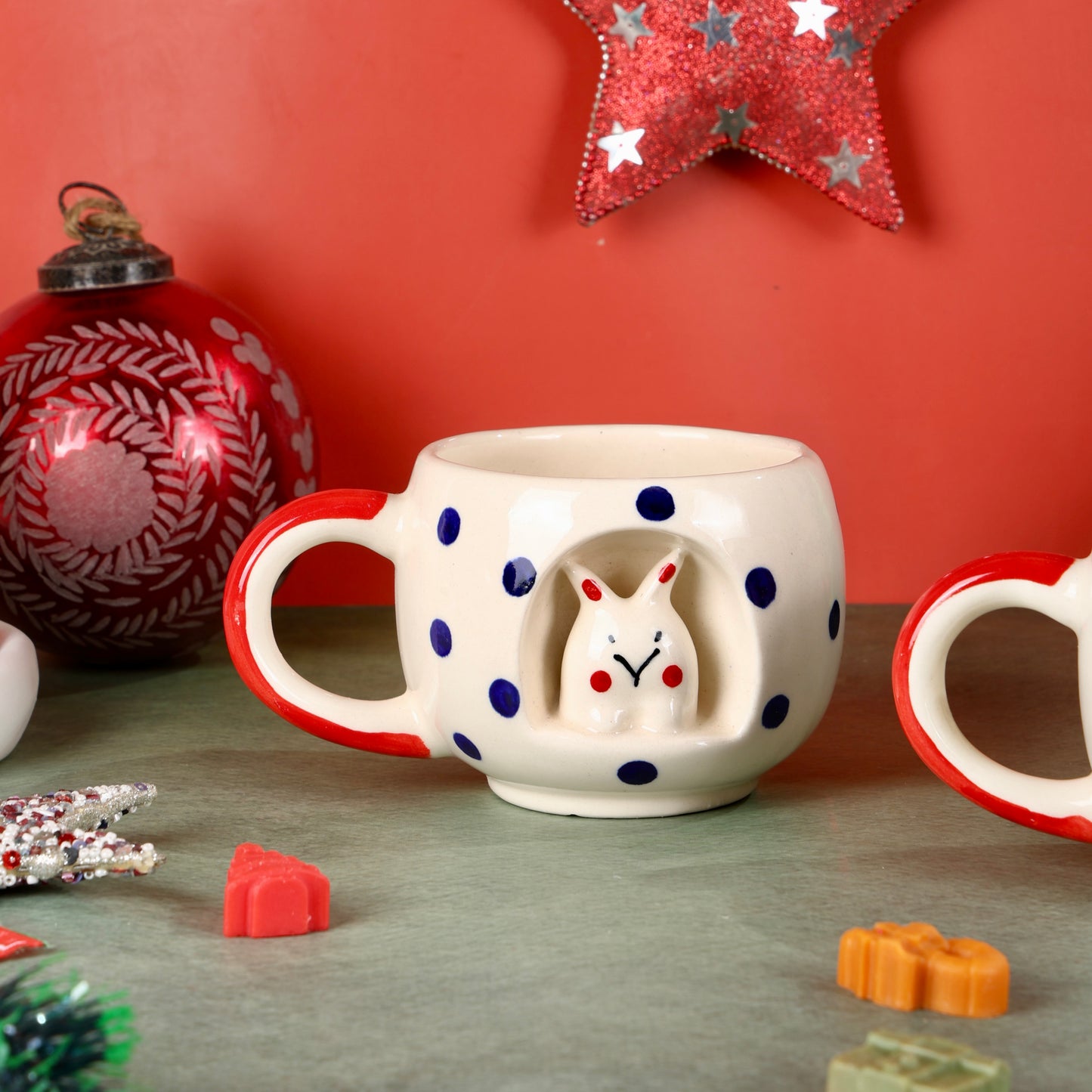 Pixie 4D Blue and Red Bunny Polka Mugs - Set of 2