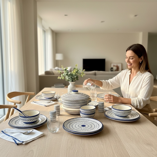 Blue Chevron Handpainted Dinner Set for 6 - 37 pieces