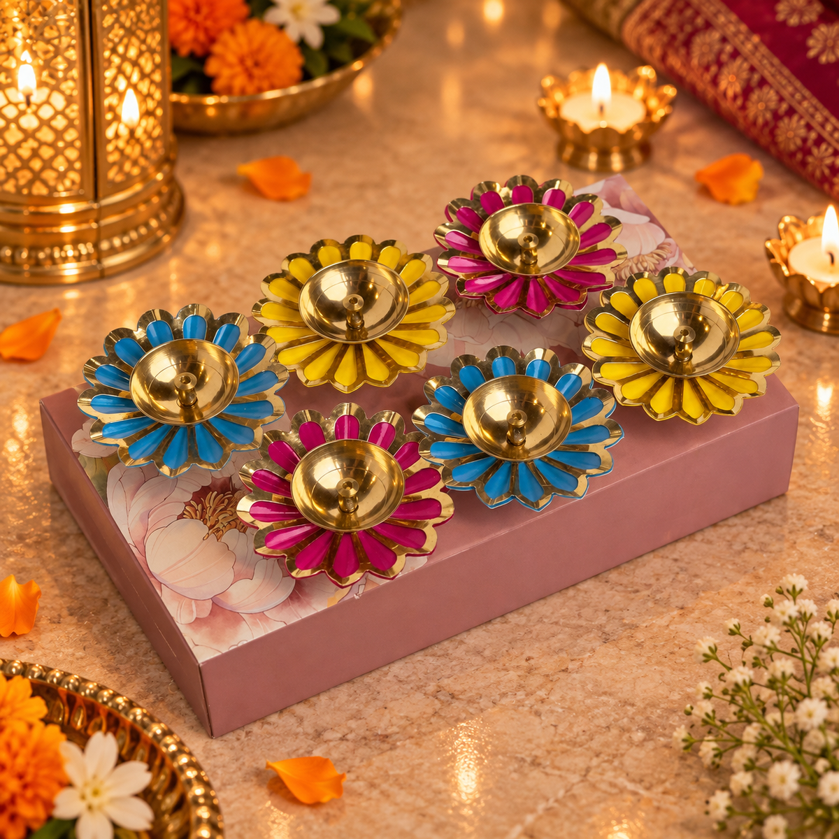 Colourful Brass Diyas - Set of 6 Gift Hamper