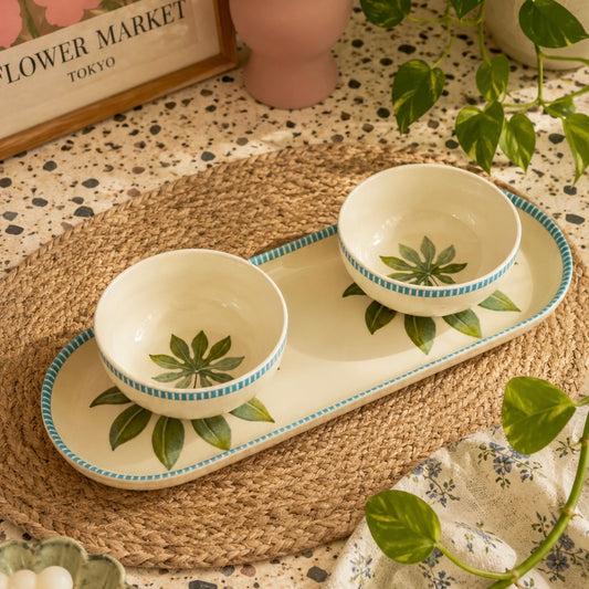 Willow Crest Printed Oval Platter Snack Set with 2 Bowl