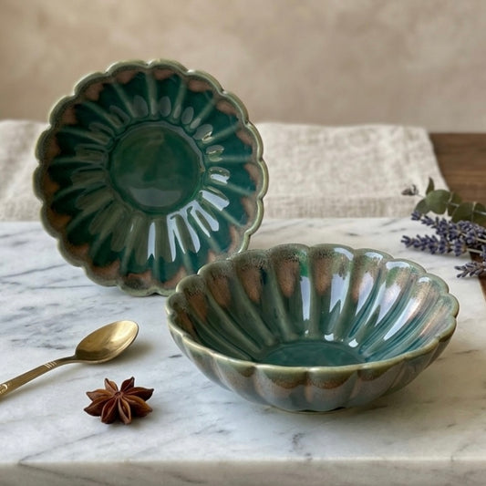 Raga Studio Pottery Green Scalloped Shallow Bowls