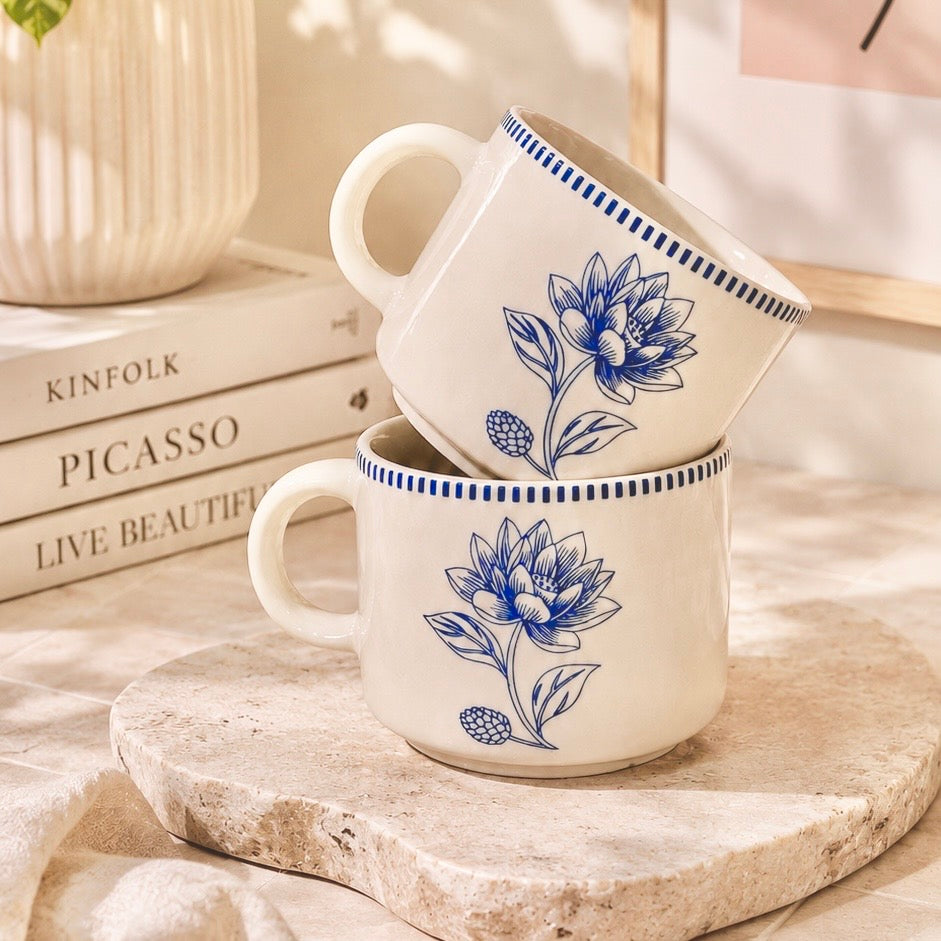 Water Lily Botanical Printed Mugs - Set of 2