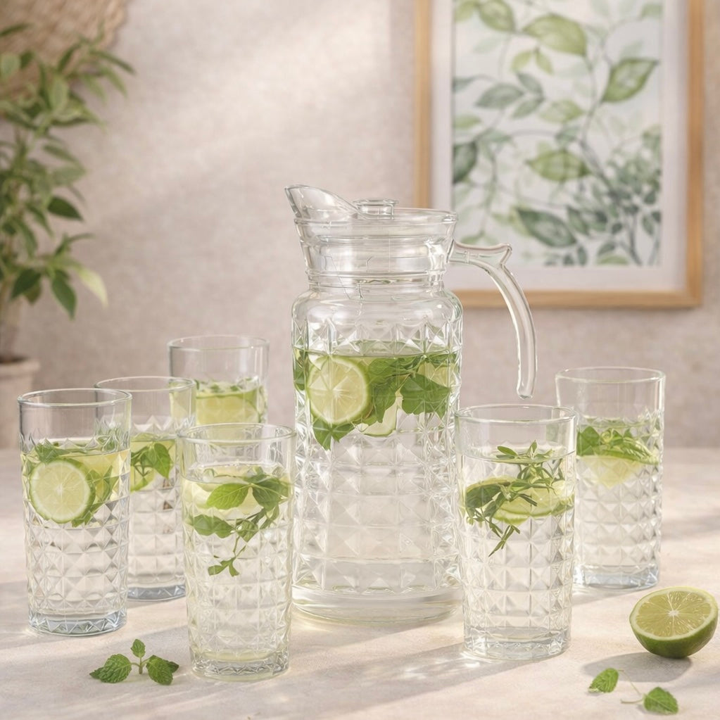 Prism Pour Jug with lid and Set of 6 tall glasses for Juice and Coolers