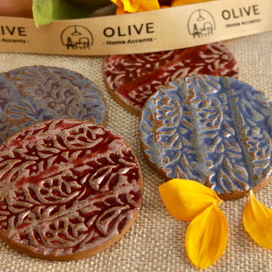 Handmade studio pottery embossed coaster - Set of 2