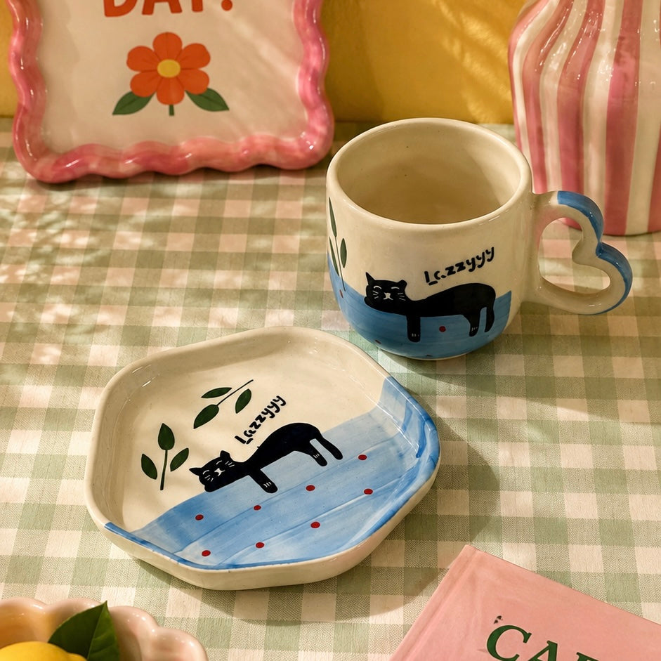Lazzyyy Cat Duo Cup and Snack Plate