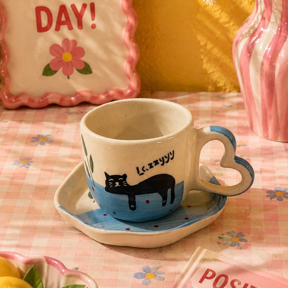 Lazzyyy Cat Duo Cup and Snack Plate