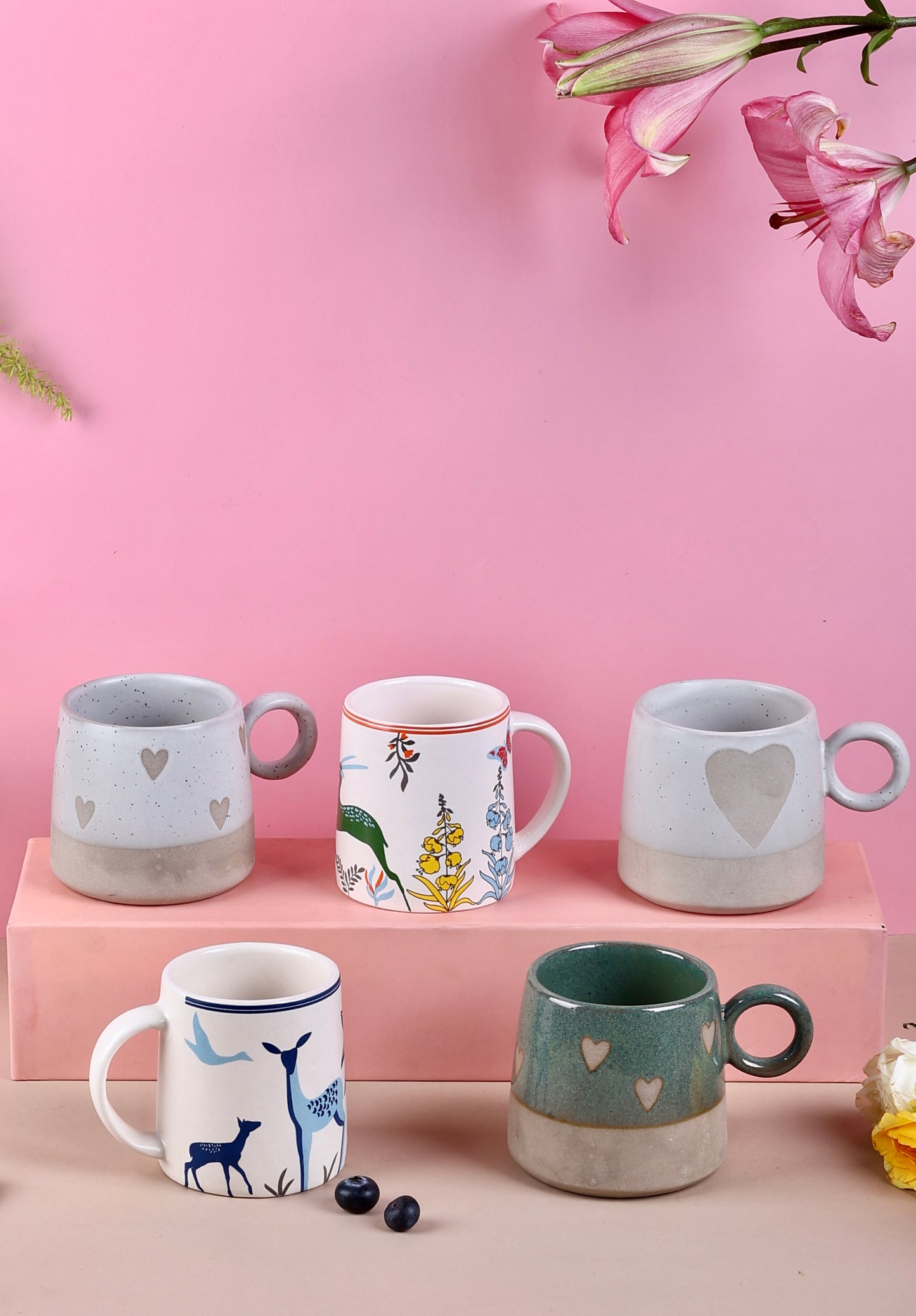 Deer and Heart Mugs Set of 5