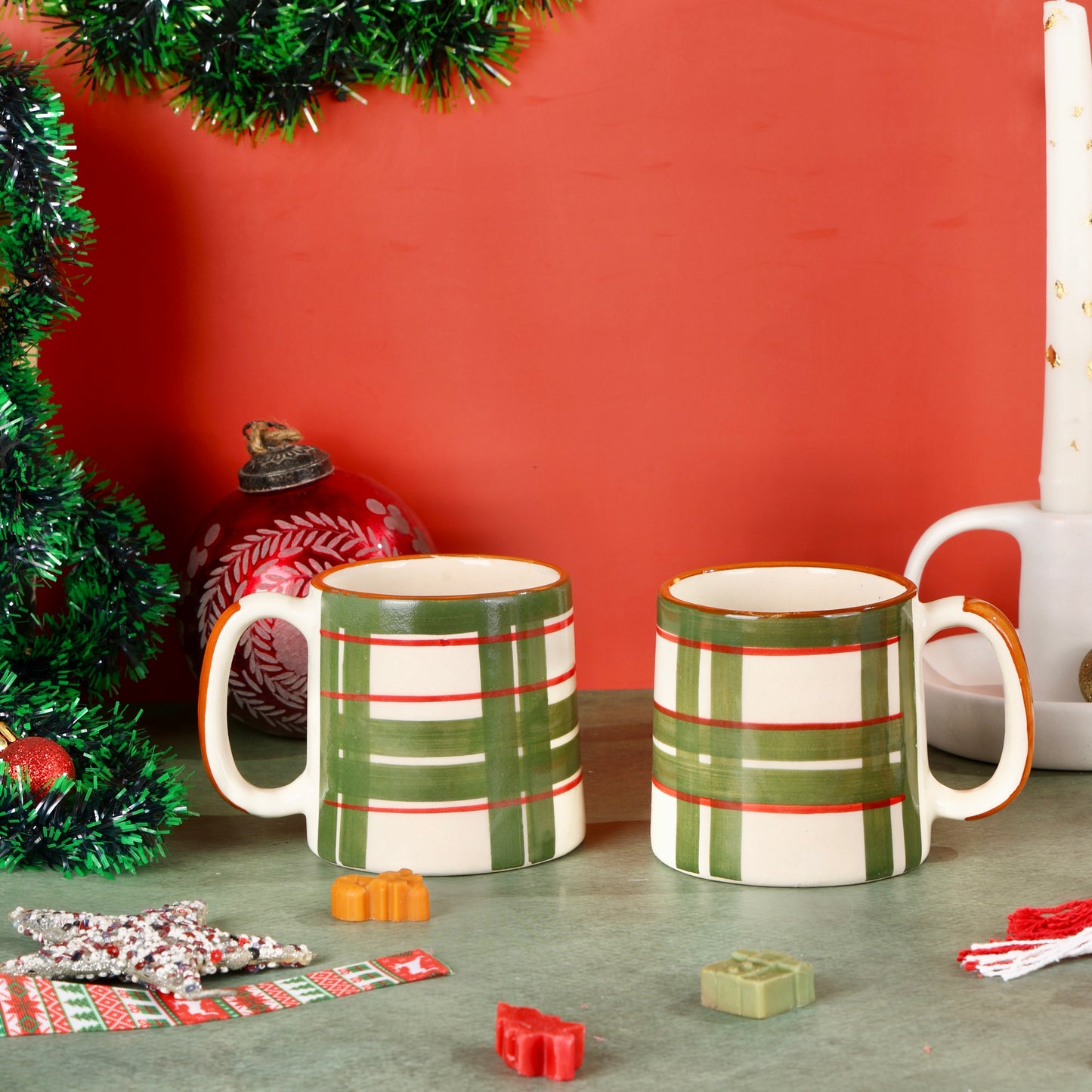 Christmas Checks Handpainted Mugs - Set of 2