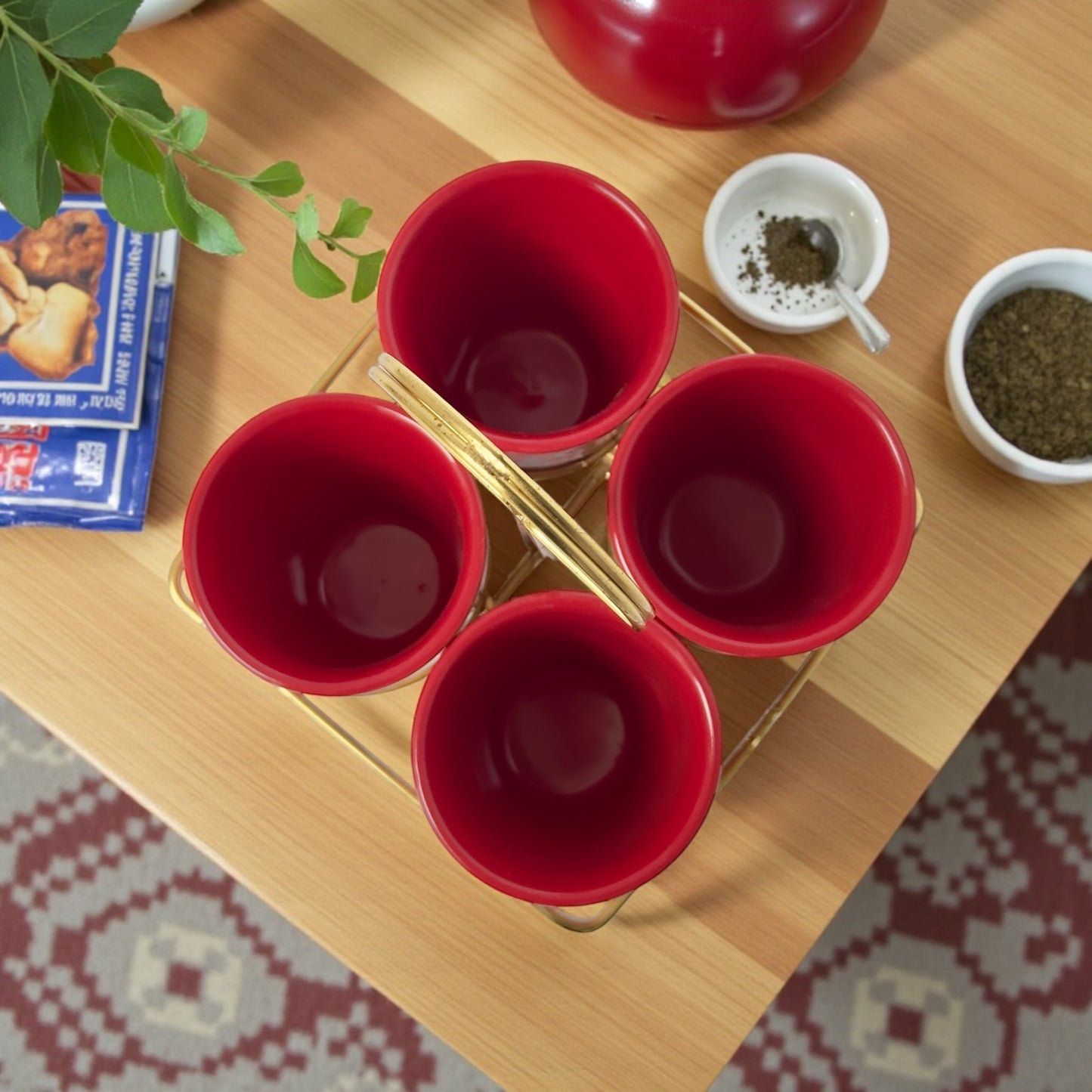 4 Red Chai Glasses with Golden Stand Set