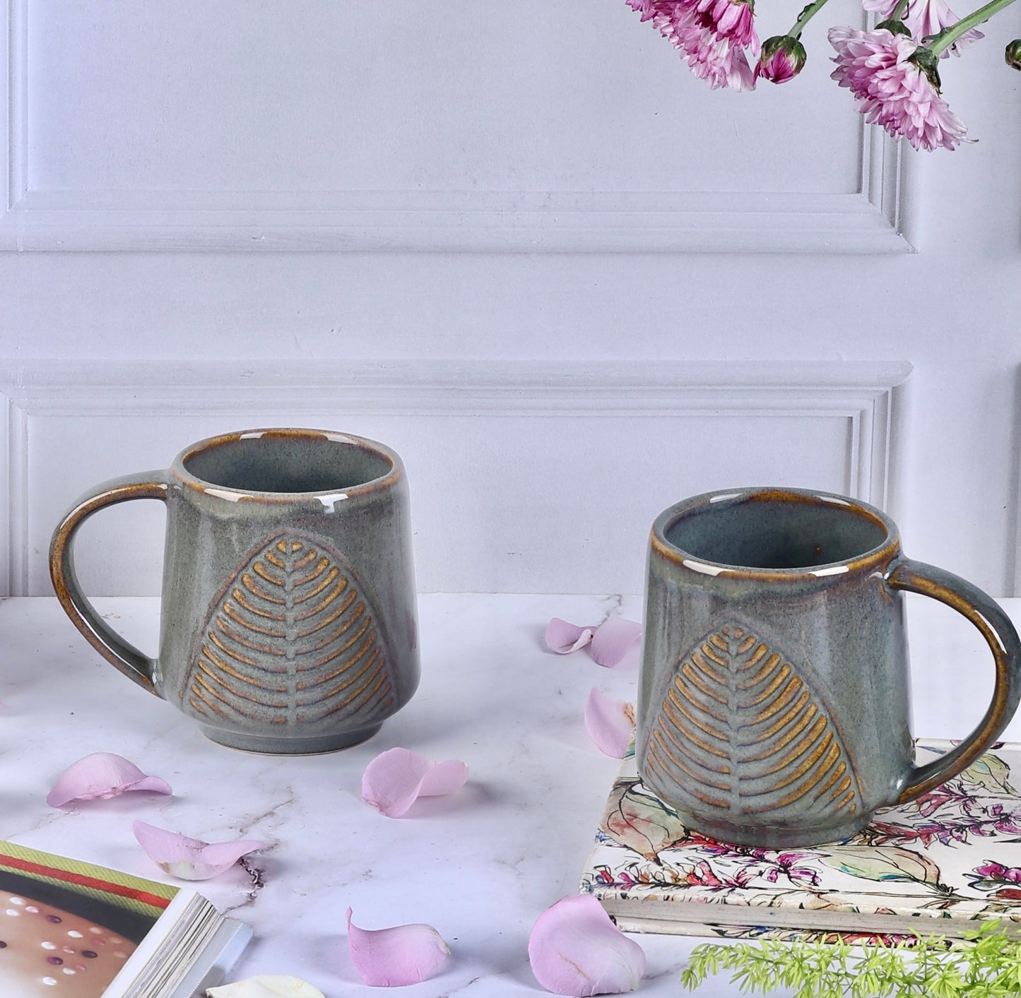 Olive Grey Leaf Mug - Set of 2