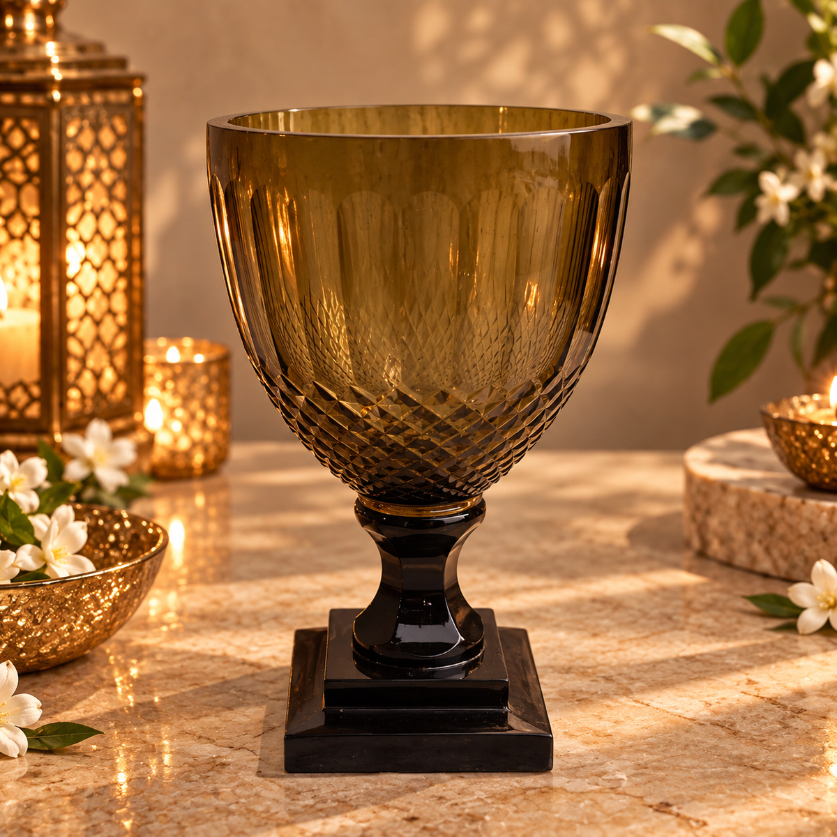 Crystal Cut Deep Brown Glass Hurricane or Vase