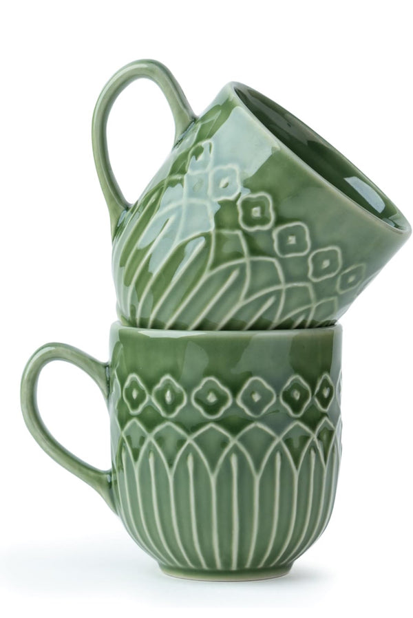 Pine Haven Green Embossed Mug - Set of 2