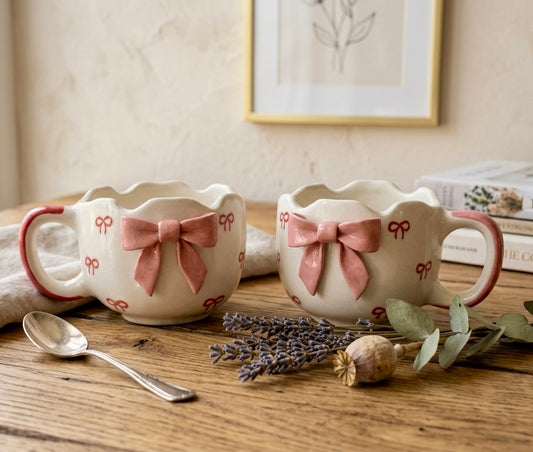 Uneven Pink Bow Mugs - Set of 2