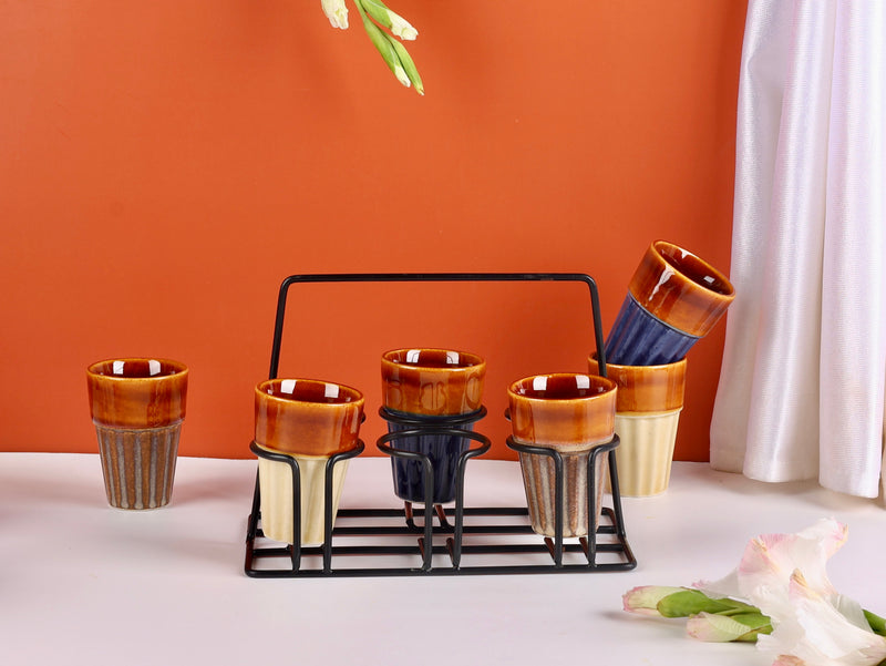 6 Chai Glasses with Stand - Multicolor Set for Tea Lovers