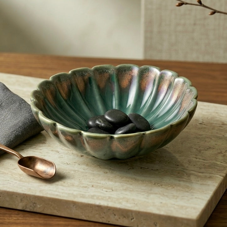Raga Studio Pottery Green Scalloped Shallow Bowls
