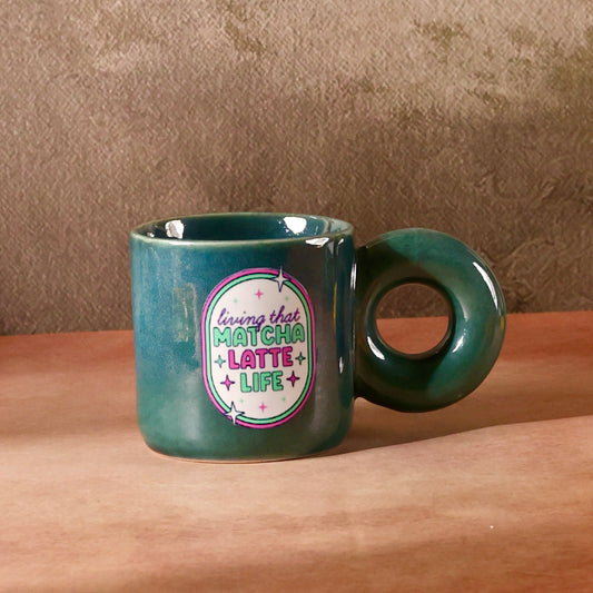 Green Contemporary Mug - Living That Matcha Latte Life with UV DTF sticker