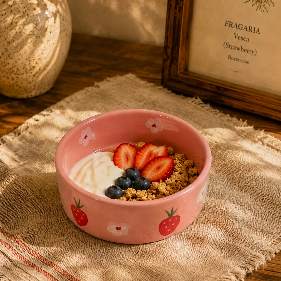 Pink Strawberries and Daisies Handpainted Flat Bowl
