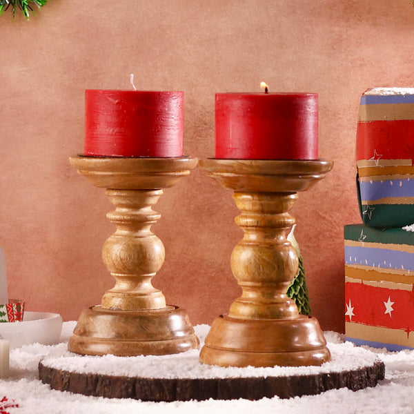 Wooden Candle holder with red pillar candle