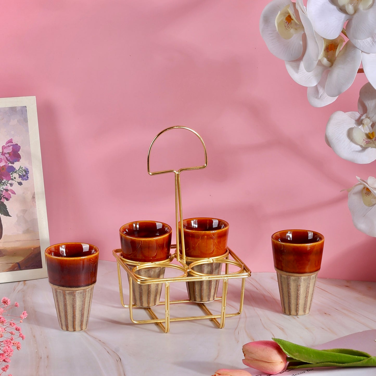 4 Chai Glasses with Golden Stand Set - Brown