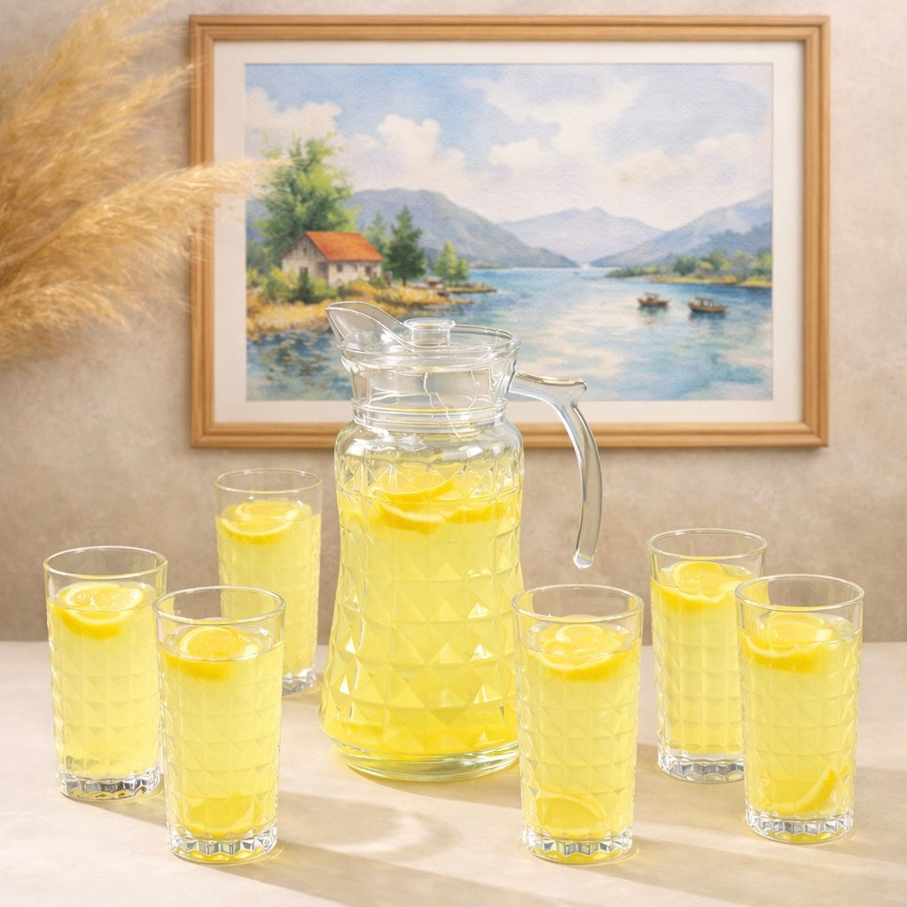 Prism Pour Jug with lid and Set of 6 tall glasses for Juice and Coolers