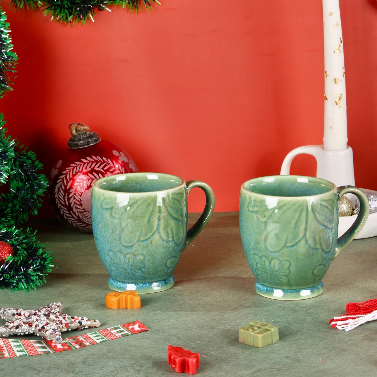 Shaded Green Embossed Mug - Set of 2