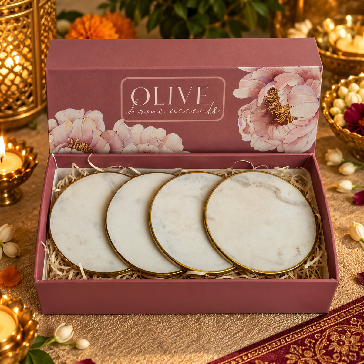 Saanjh - Luxe Marble Coasters with Brass Rim