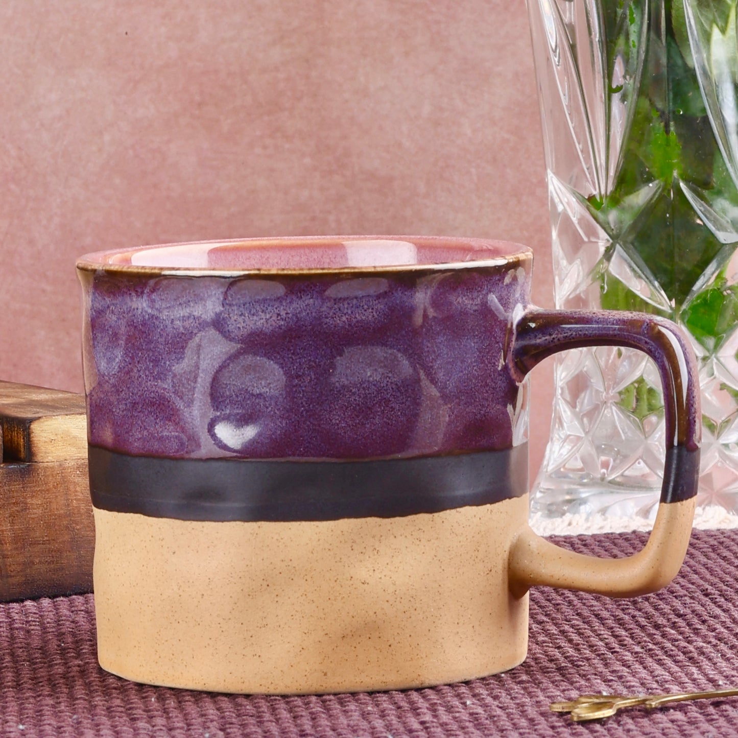 Crumpled paper effect Studio Pottery Mugs - Purple and Beige Set of 2