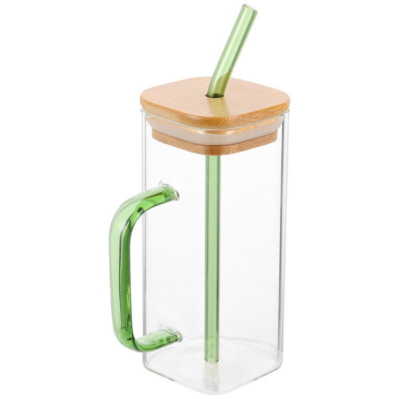 Sante Square Glass with Bamboo Lid and Glass Straw Green