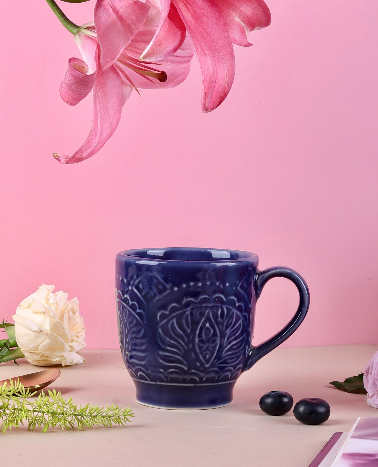 Studio Pottery Renee Embossed Mugs - Blue, Green, Pink