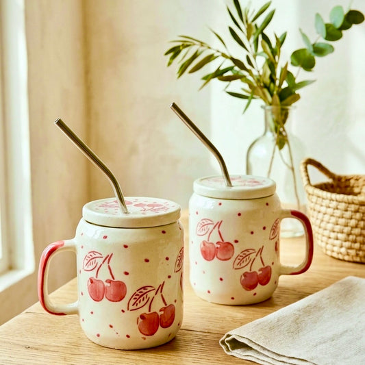 Crazy for Cherry Ceramic Sipper - Set of 2 with minor imperfections