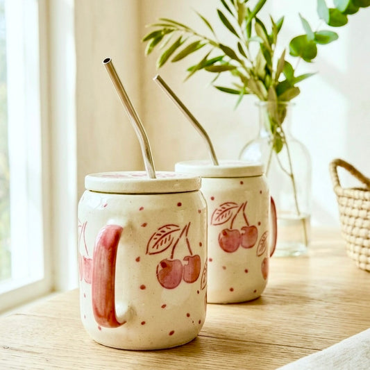 Crazy for Cherry Ceramic Sipper - Set of 2 with minor imperfections