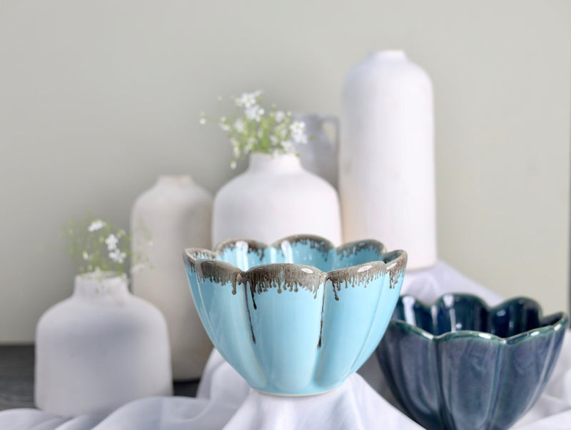 Light Blue Studio Pottery Flower Serving Bowl