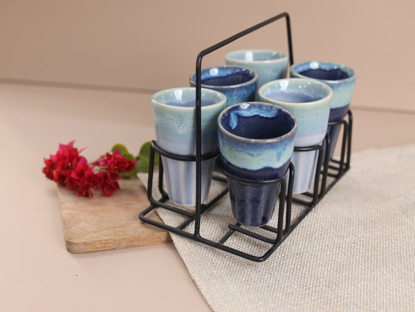 6 Chai Glasses with Stand - Light blue and dark blue