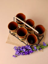 6 Chai Glasses with Stand - Yellow and Brown