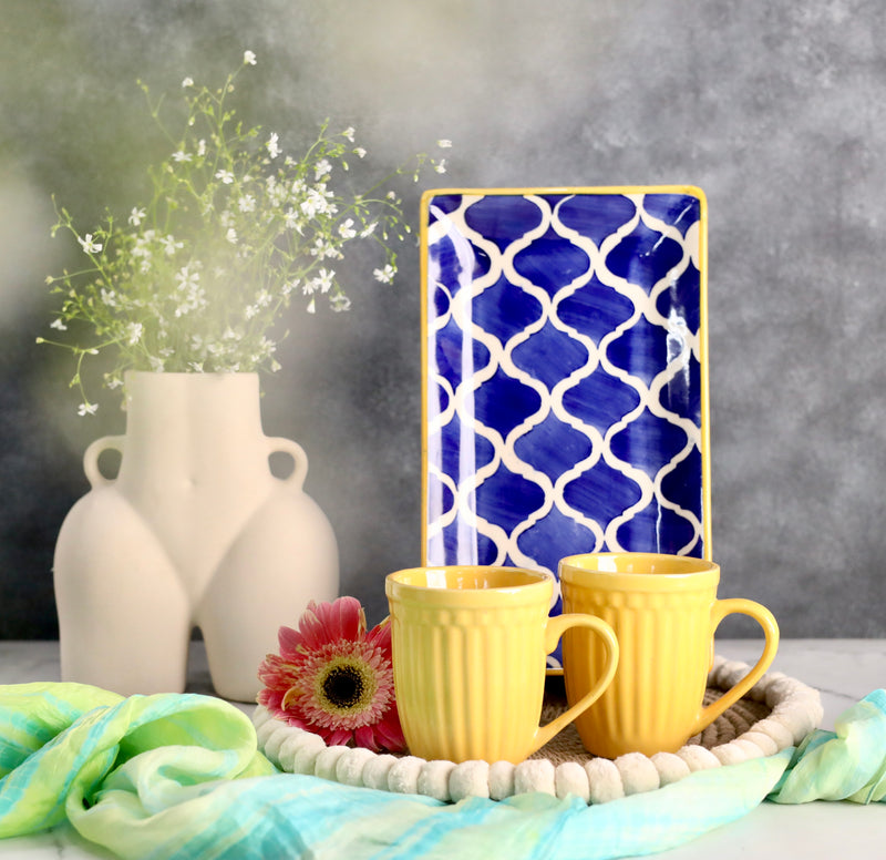 Blue and Yellow Moroccan Platter with 2 Mugs