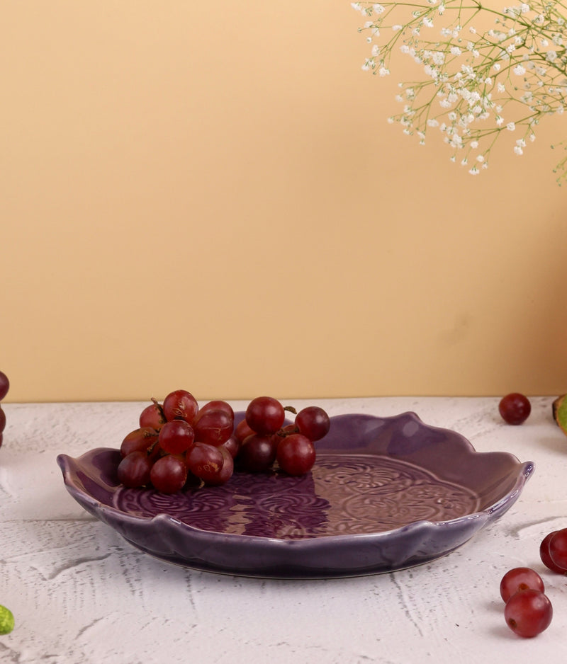 Studio Pottery Purple Embossed Lotus Platter