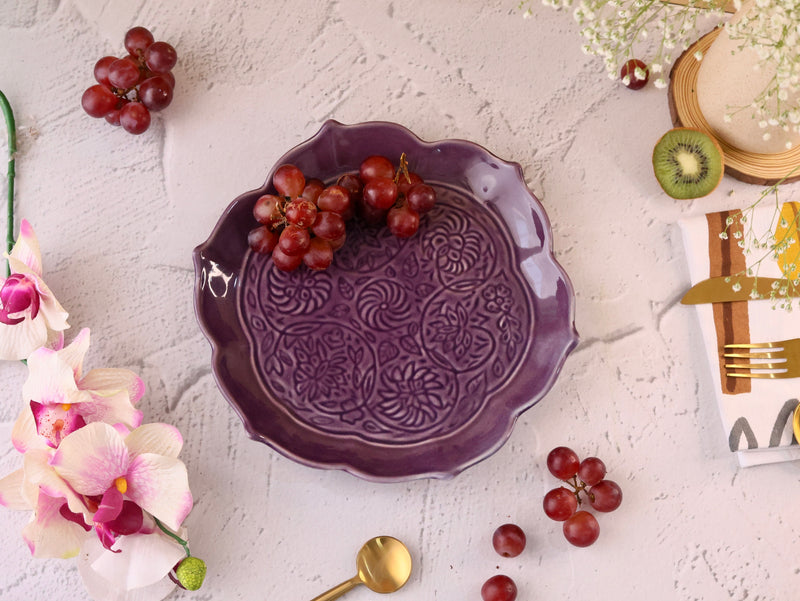 Studio Pottery Purple Embossed Lotus Platter