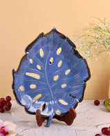 Studio Pottery Blue Monstera Leaf Platter