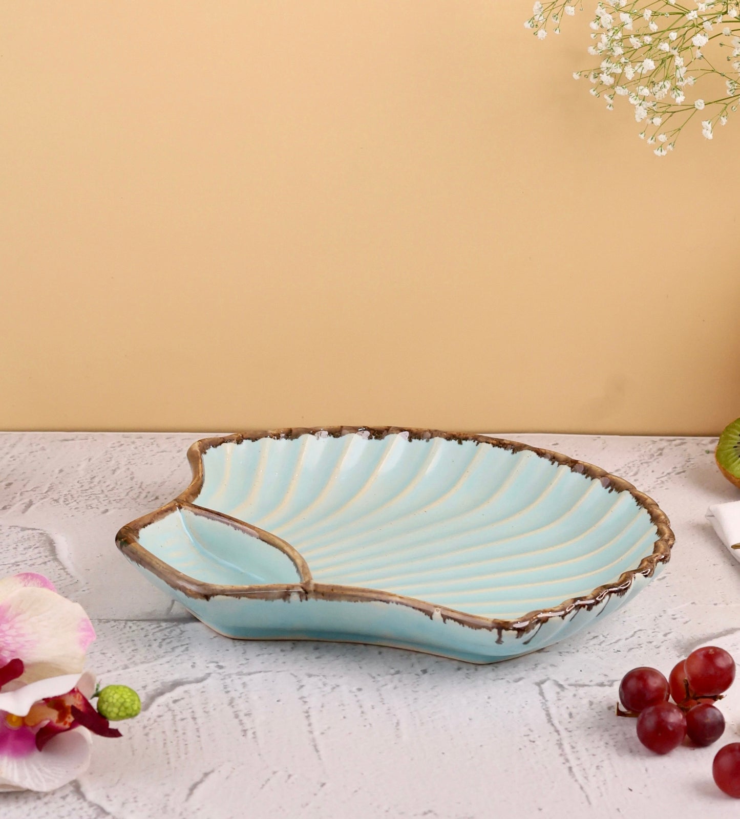 Studio Pottery Blue V Shell chip and dip Platter Large