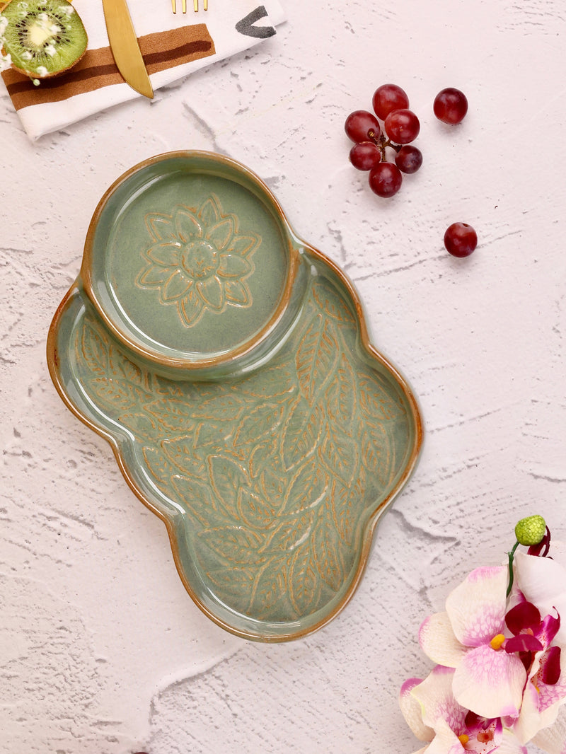 Studio Pottery Green Cloud Chip and Dip Platter