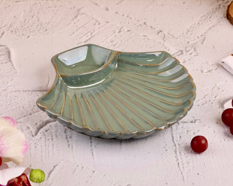 Studio Pottery Green V Shell chip and dip Platter Small